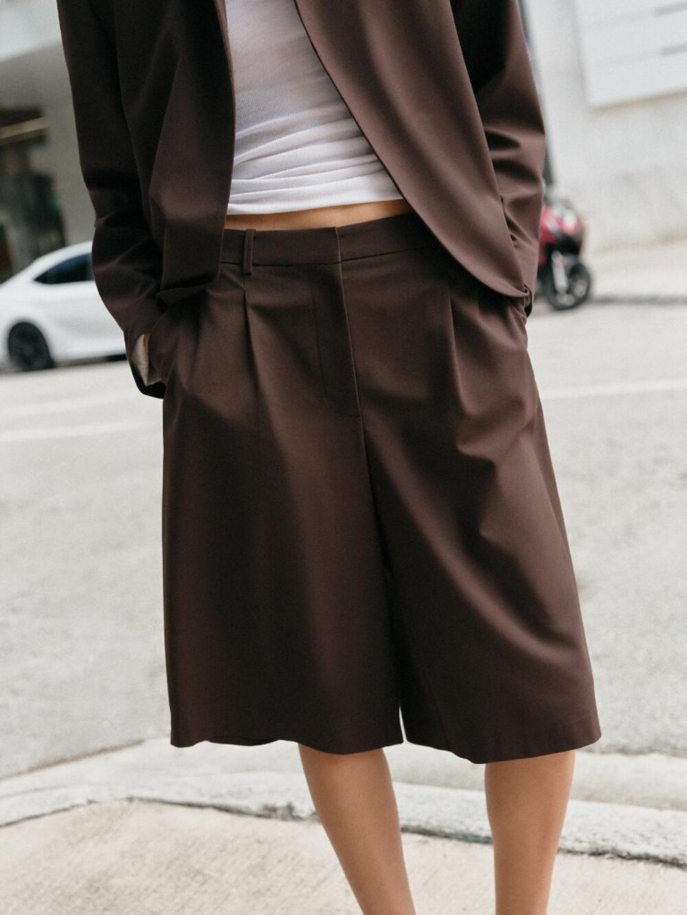 Zara Chocolate Brown High-Waist Wide-Leg Bermuda Shorts